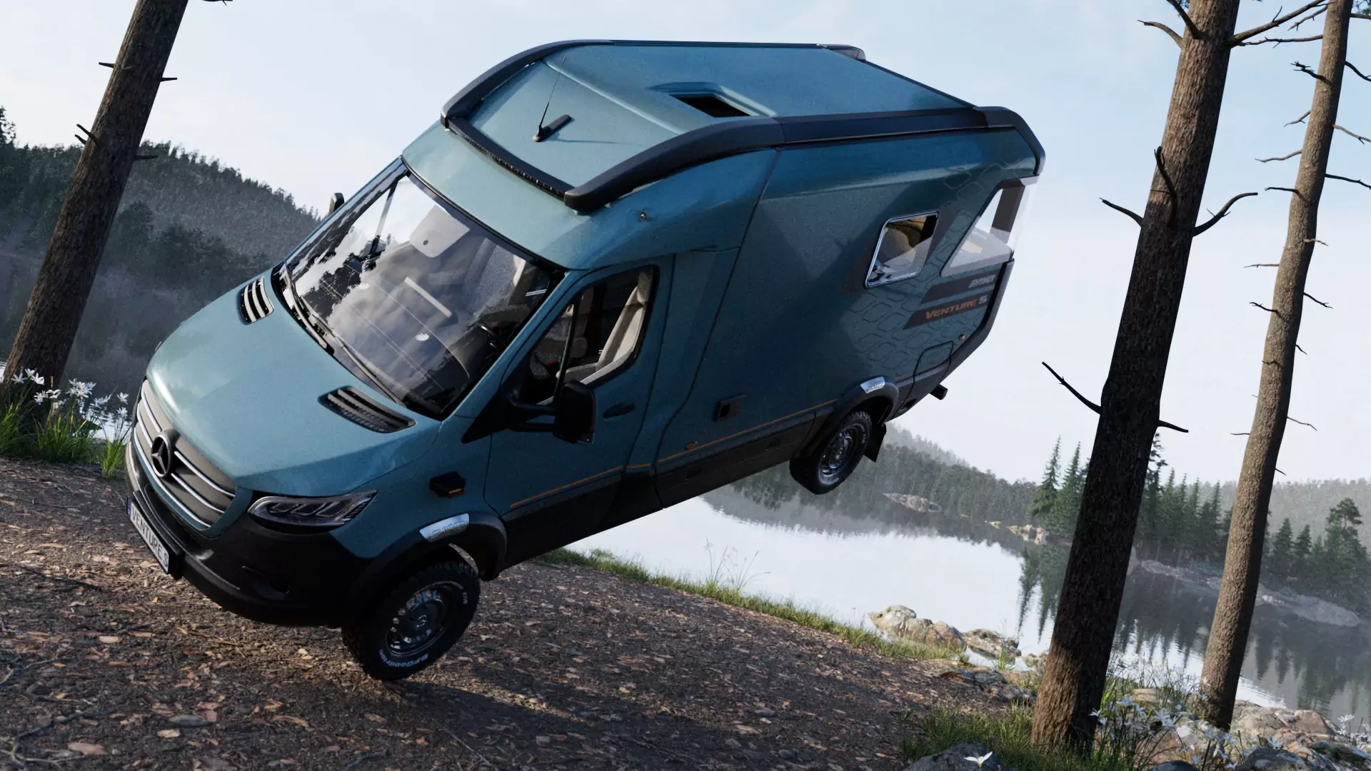 CGI-Bild eines schwebenden HYMER Venture S in einem Waldgebiet am Seeufer unter klarem Himmel.