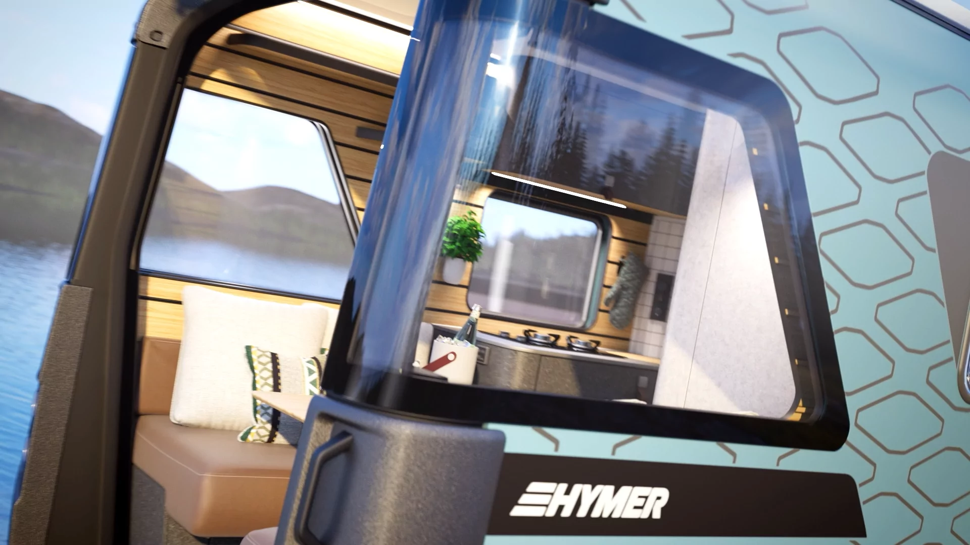 Detailansicht des Innenraums eines HYMER Wohnmobils. Moderne Ausstattung mit Sitzbereich und Küche, CGI-Rendering.