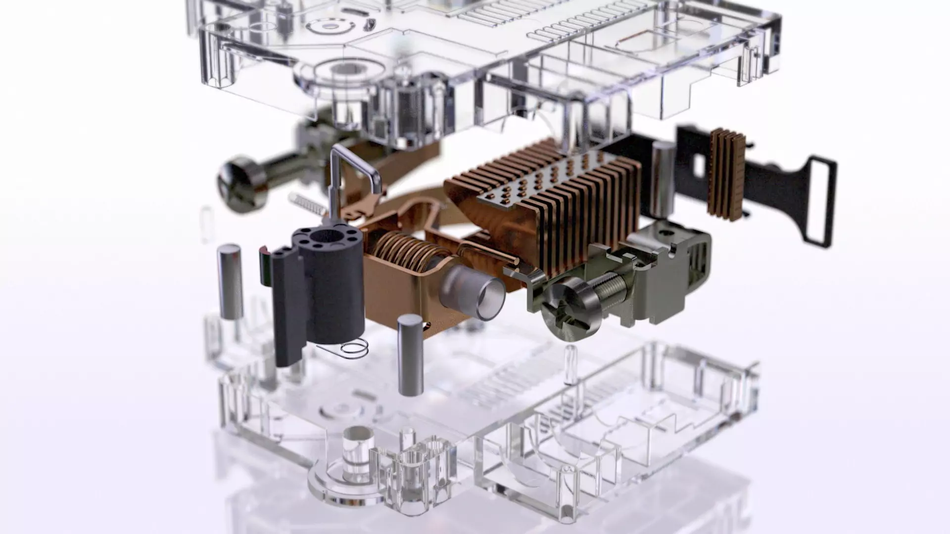 bihler_imagefilm_2018_de_final_prores.00_01_40_08.still103 Explodierte Ansicht einer komplexen elektronischen Baugruppe. Erstellt von Bürobewegt für visuelles Marketing.