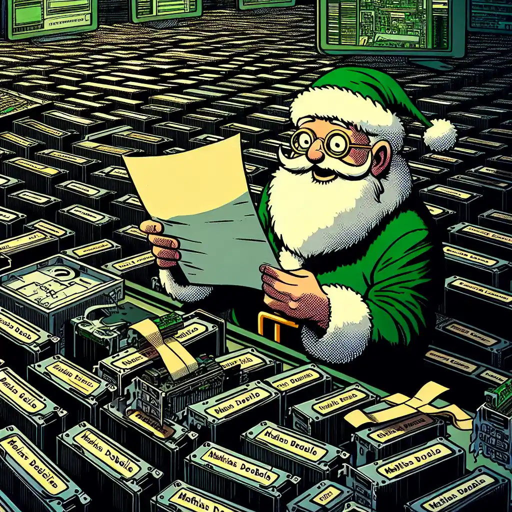 Weihnachtsmann in grüner Kleidung liest Liste in futuristischem Datenzentrum. Erstellt von Bürobewegt für visuelles Marketing.