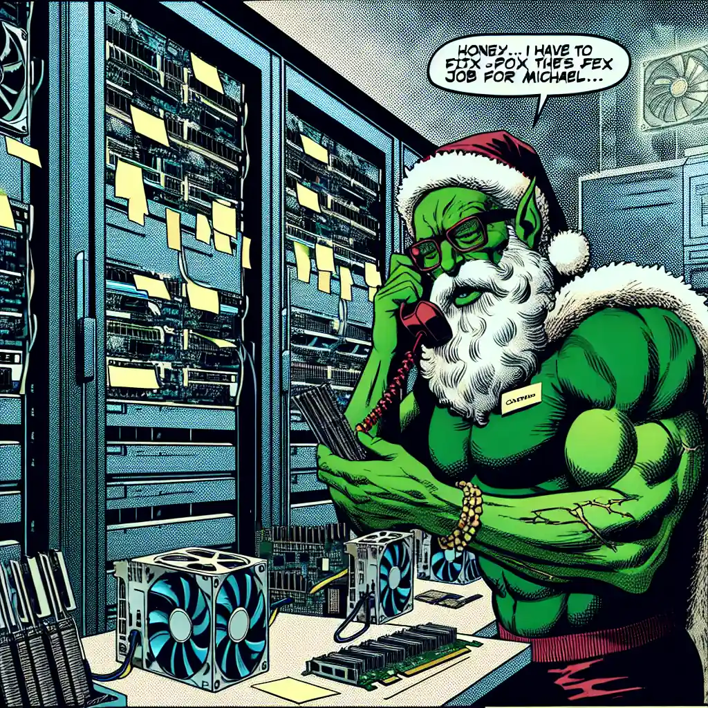 Grüner muskulöser Weihnachtsmann telefoniert in einem Serverraum. Kreative Comic-Illustration von Bürobewegt.