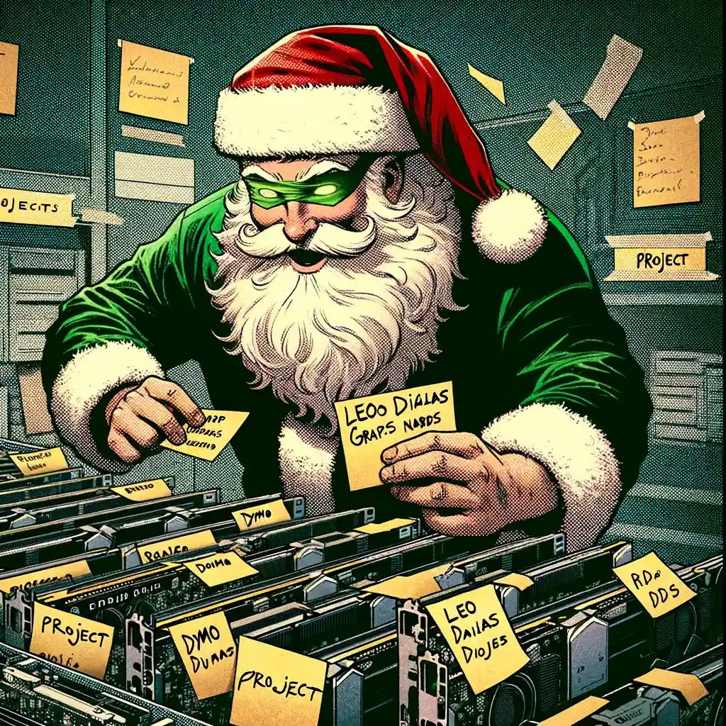 Weihnachtsmann sortiert Post-Its in einem futuristischen Büro, erstellt von Bürobewegt, Studio für visuelles Marketing und Design.