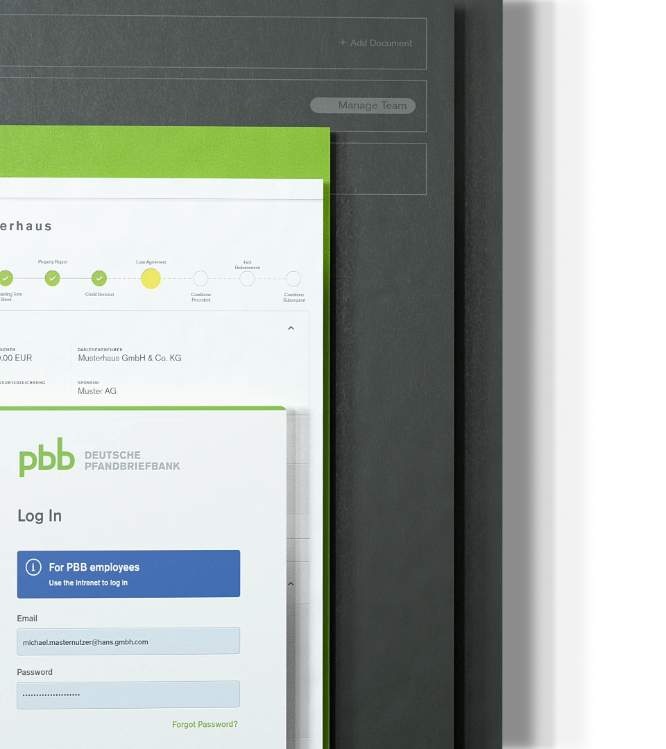 Anmeldeseite der Deutschen Pfandbriefbank (PBB) auf einem Laptop-Bildschirm, zeigt Eingabefelder für E-Mail und Passwort.
