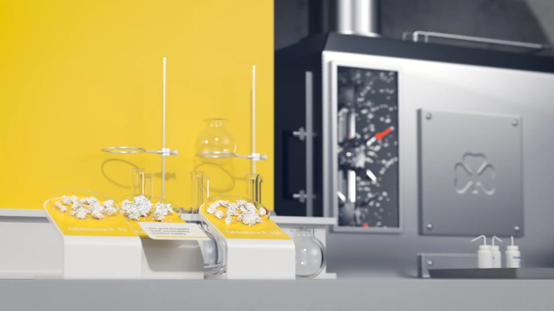 Laborgeräte und weiße chemische Substanzen auf gelbem Hintergrund in einem modernen Labor.