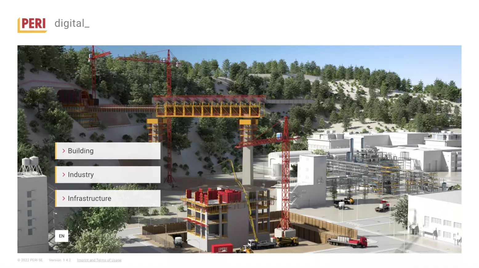 Baustelle mit Kränen und Gebäuden, digital präsentiert von PERI, zeigt Baumethoden in den Bereichen Gebäude, Industrie und Infrastruktur.