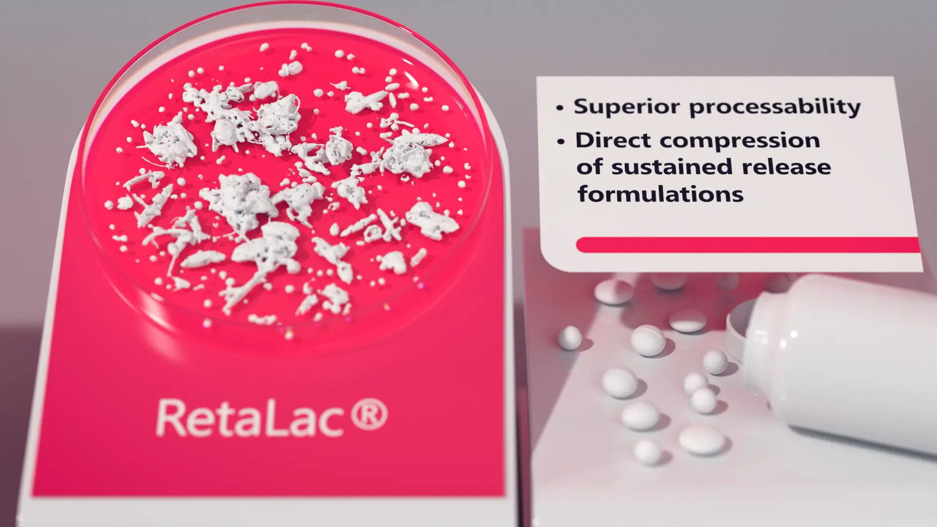 RetaLac-Produktbild zeigt Pulver und Tabletten, betont überlegene Verarbeitbarkeit und direkte Kompression von Retardformulierungen.