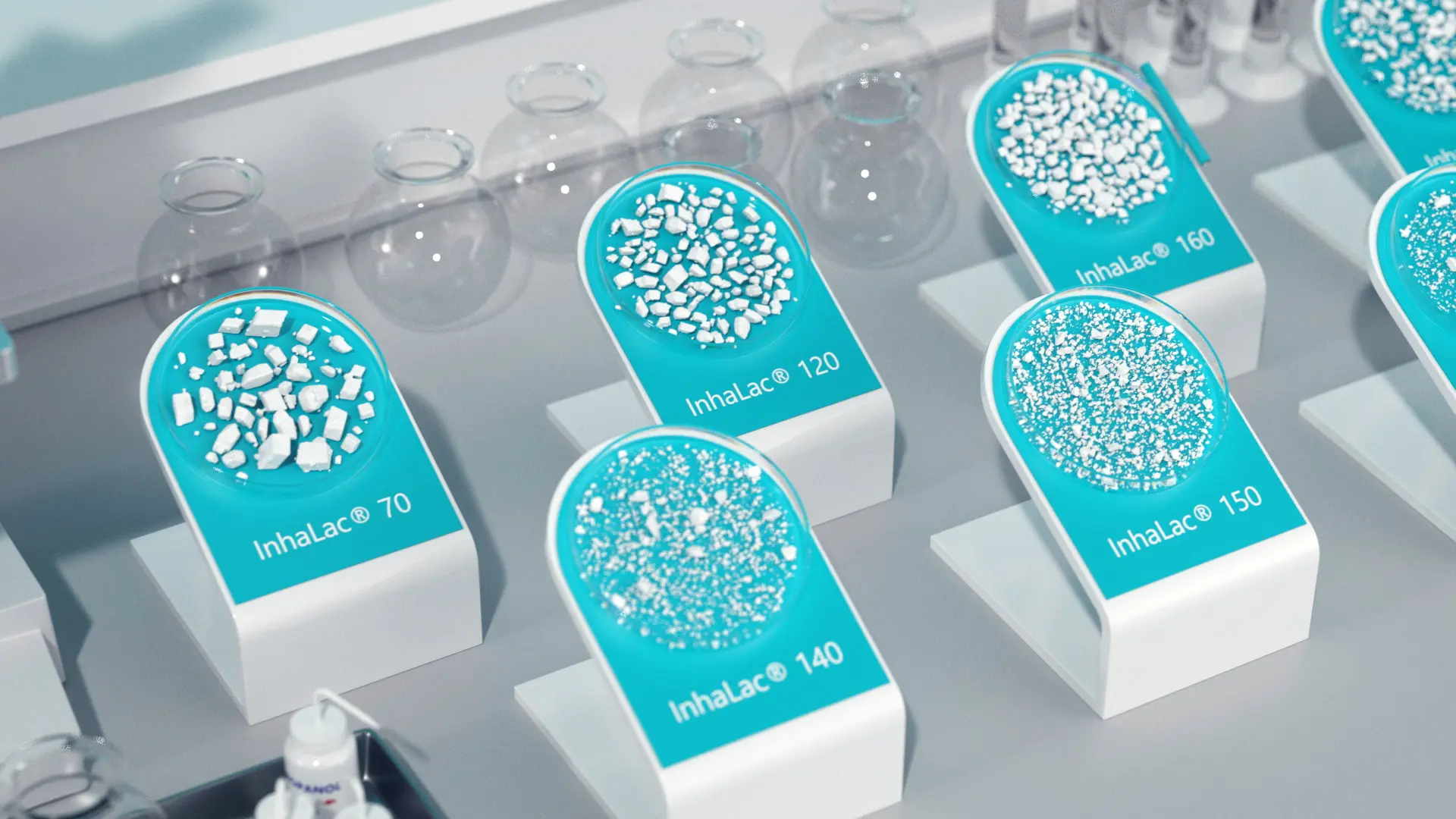 Anzeige von verschiedenen Partikelgrößen der InhaLac®-Serie für die pharmazeutische Industrie.