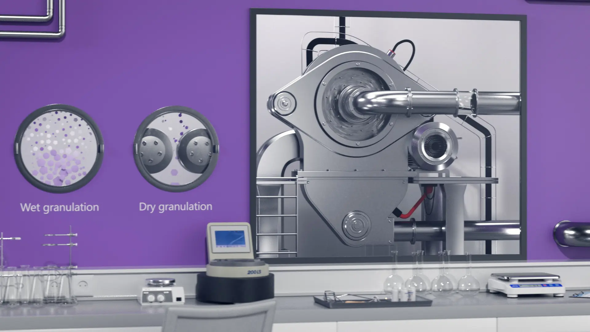 Maschinen für Feucht- und Trockengranulation, dargestellt auf lila Hintergrund in einem modernen Labor, mit nahen Details.