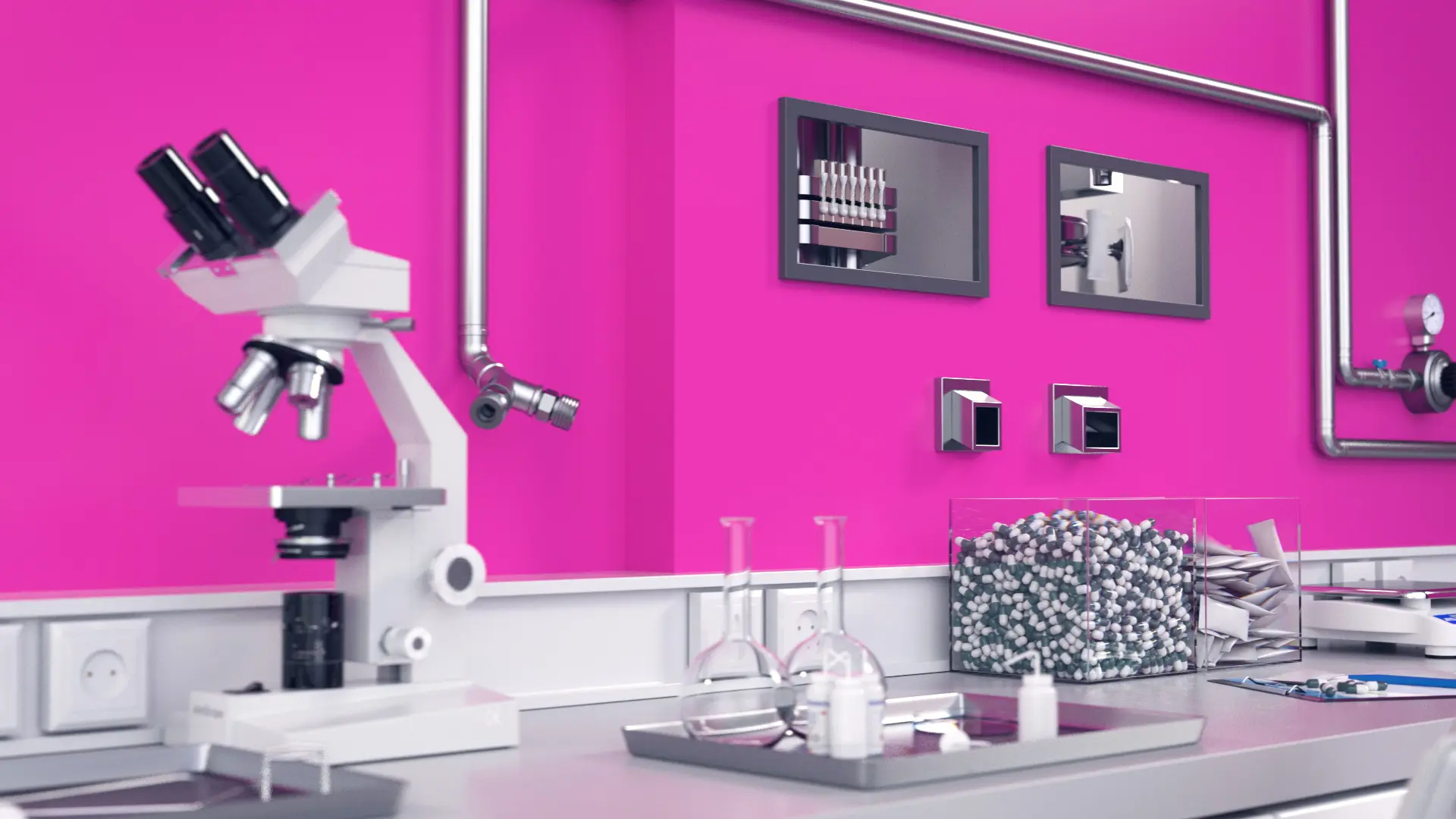 Mikroskop und Laborutensilien in einem modernen Labor mit pinker Wand als Hintergrund.