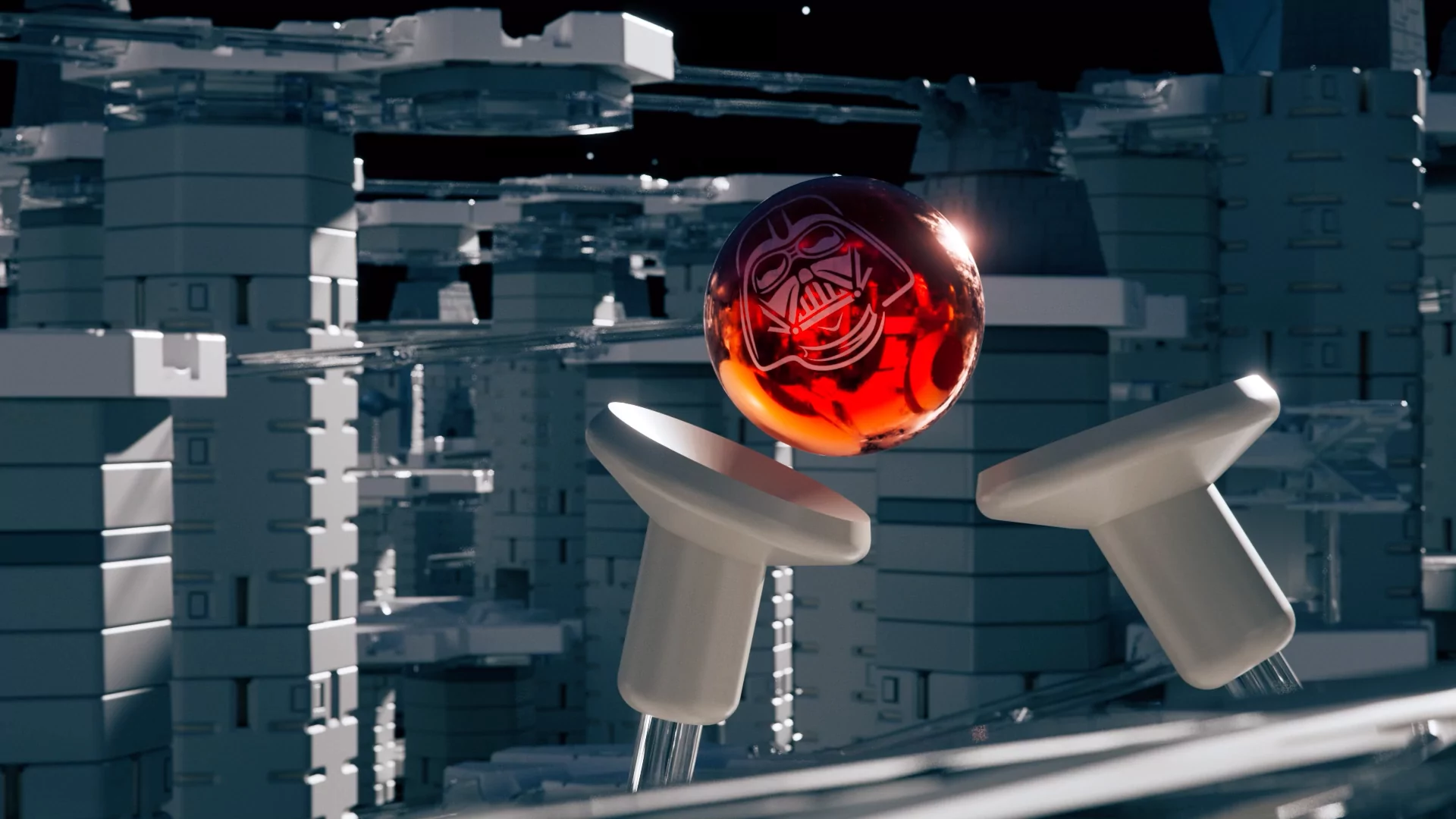 GraviTrax StarWars: Die rote Darth Vader Kugel bewegt sich über den Transfer Action Stein, im Hintergrund eine massive GraviTrax Bahn im Star Wars Style.