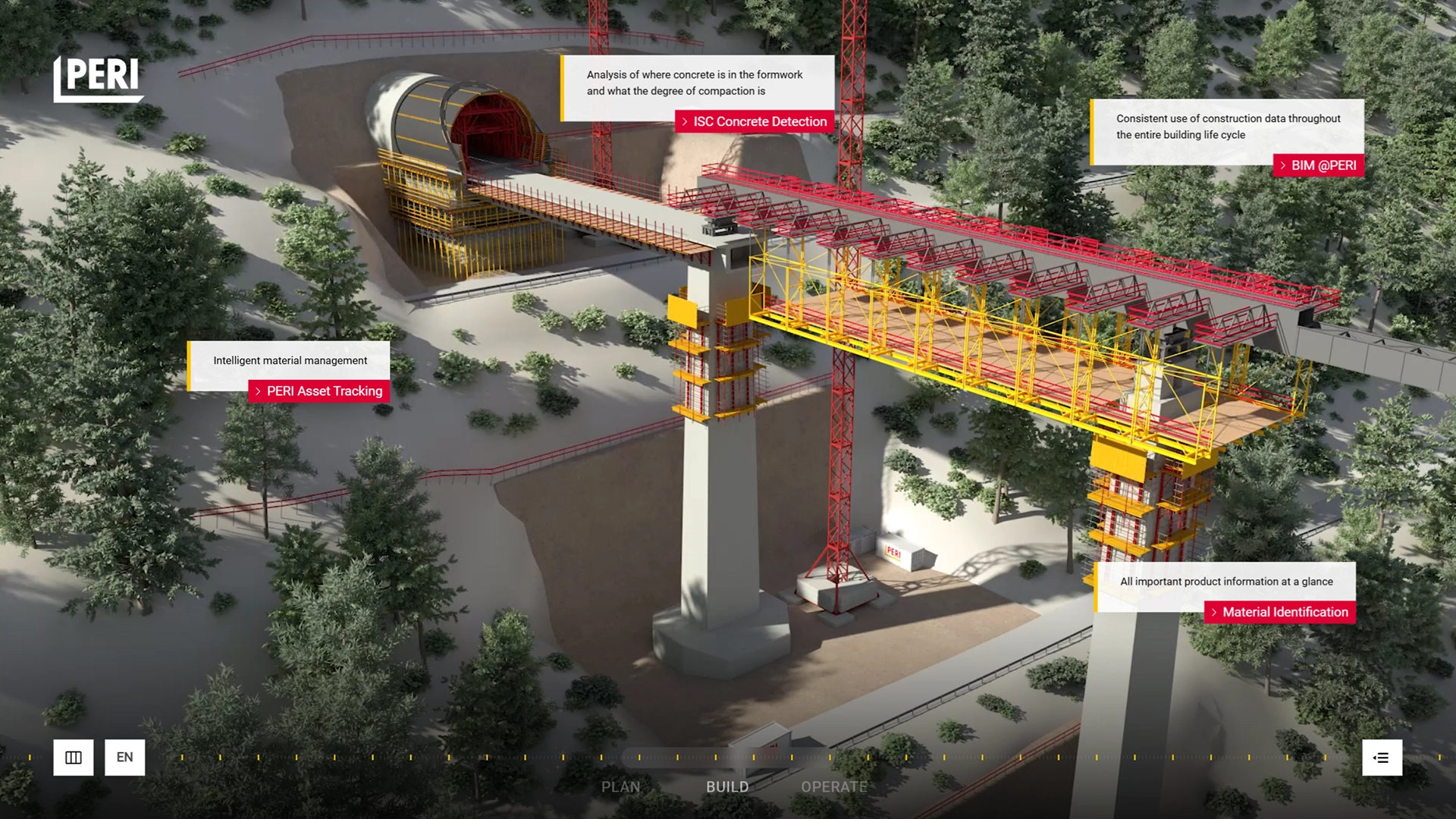 3D-Modell einer Baustelle mit PERI-Technologie, Betonform, Asset-Tracking und BIM-Datenintegration.