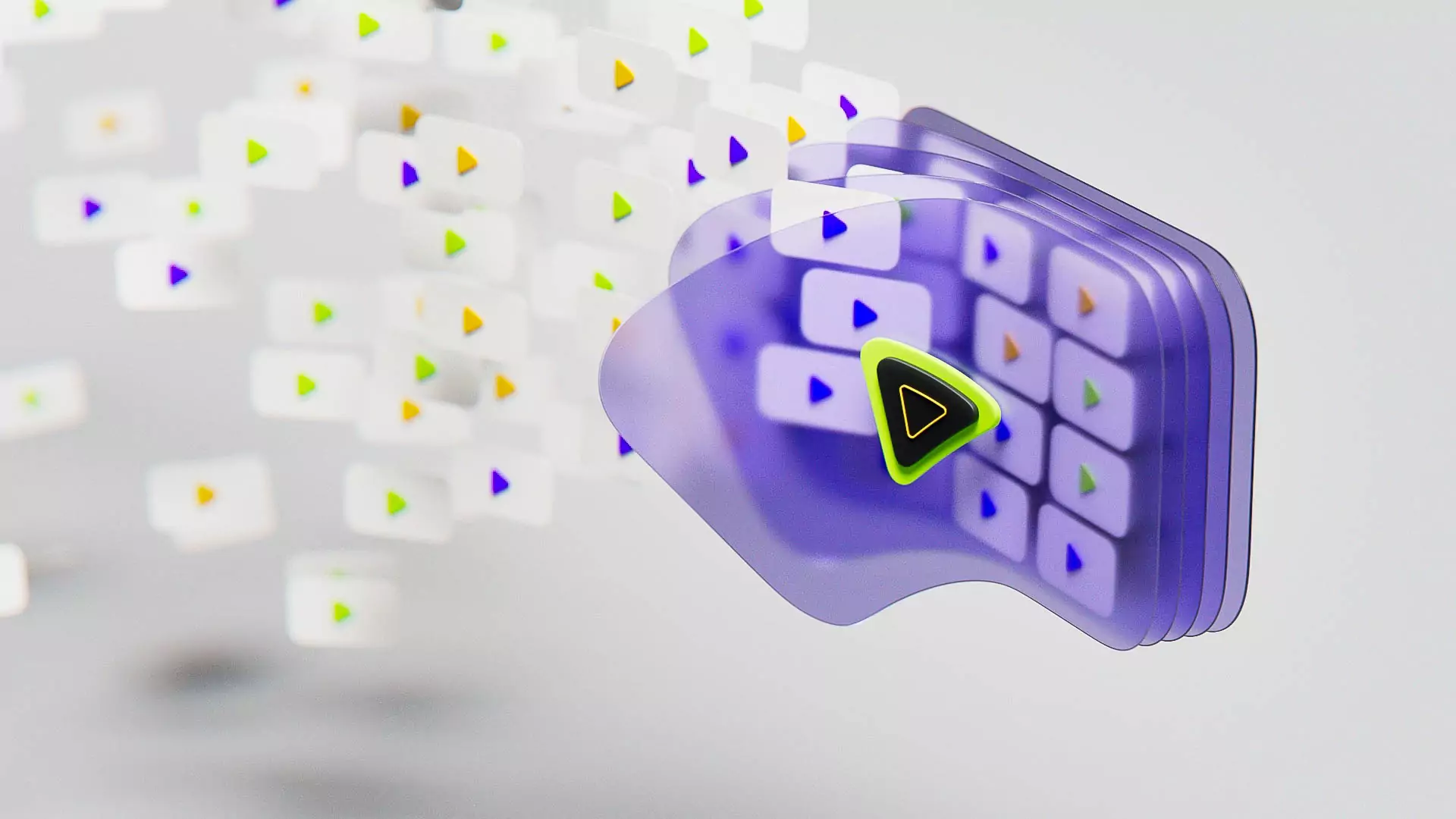 Abstrakte futuristische Illustration mit transparenten lila Schichten und bunten Play-Symbolen auf grauem Hintergrund.