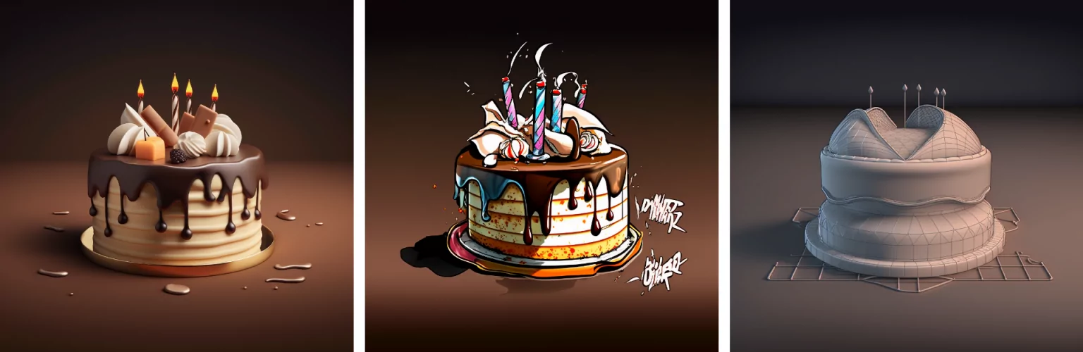 Cake_Variations-1536×500 Drei Kuchen: links mit Schokolade, Mitte cartoon-stil, rechts in 3D-Render. Unterschiedliche Designs und Stile.