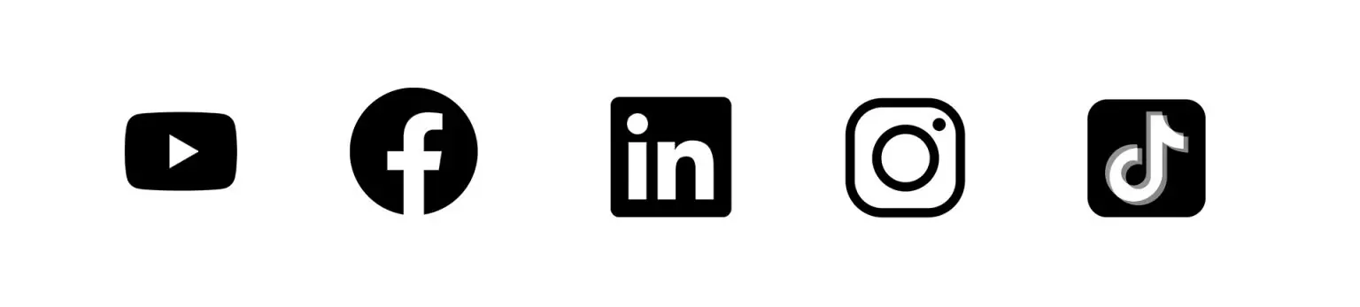 Symbole von sozialen Medien: YouTube, Facebook, LinkedIn, Instagram, TikTok in Schwarz-Weiß auf weißem Hintergrund.