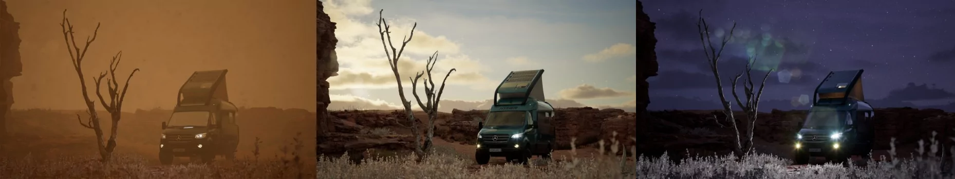 Wohnmobil in Wüstenlandschaft bei verschiedenen Tageszeiten, neben kahlem Baum, unter wechselndem Himmel.