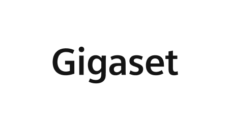 Gigaset-Logo auf schwarzem Hintergrund, repräsentiert bekannte Marke für Telekommunikationslösungen.