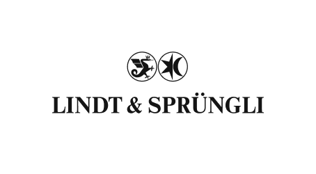 Lindt & Sprüngli Logo: Schwarze Schrift mit zwei Symbolen darüber, ein Stern und ein Lindt-Schokolade-Emblem.