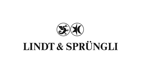 Lindt & Sprüngli Logo: Schwarze Schrift mit zwei Symbolen darüber, ein Stern und ein Lindt-Schokolade-Emblem.