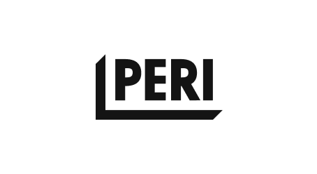 Logo von PERI, einem Unternehmen für Schalungs- und Gerüsttechnik, schwarzer Text auf weißem Hintergrund.