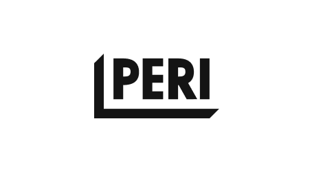 Logo von PERI, einem Unternehmen für Schalungs- und Gerüsttechnik, schwarzer Text auf weißem Hintergrund.