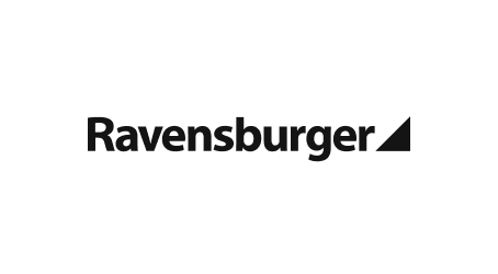 Ravensburger Logo: Schwarzer Schriftzug auf weißem Hintergrund mit charakteristischem Dreieck. Markenname für Spiele und Puzzle.