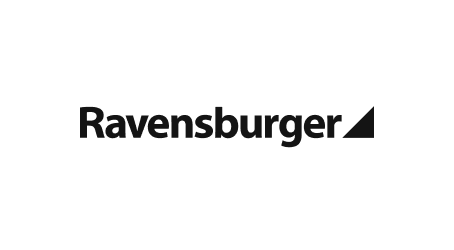 Ravensburger Logo: Schwarzer Schriftzug auf weißem Hintergrund mit charakteristischem Dreieck. Markenname für Spiele und Puzzle.