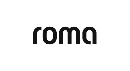 Schwarzes Roma-Logo auf weißem Hintergrund, schlicht und elegant gestaltet für Markenwiedererkennung.