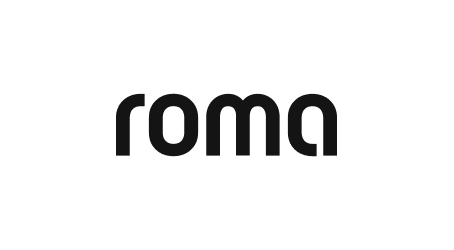 Schwarzes Roma-Logo auf weißem Hintergrund, schlicht und elegant gestaltet für Markenwiedererkennung.
