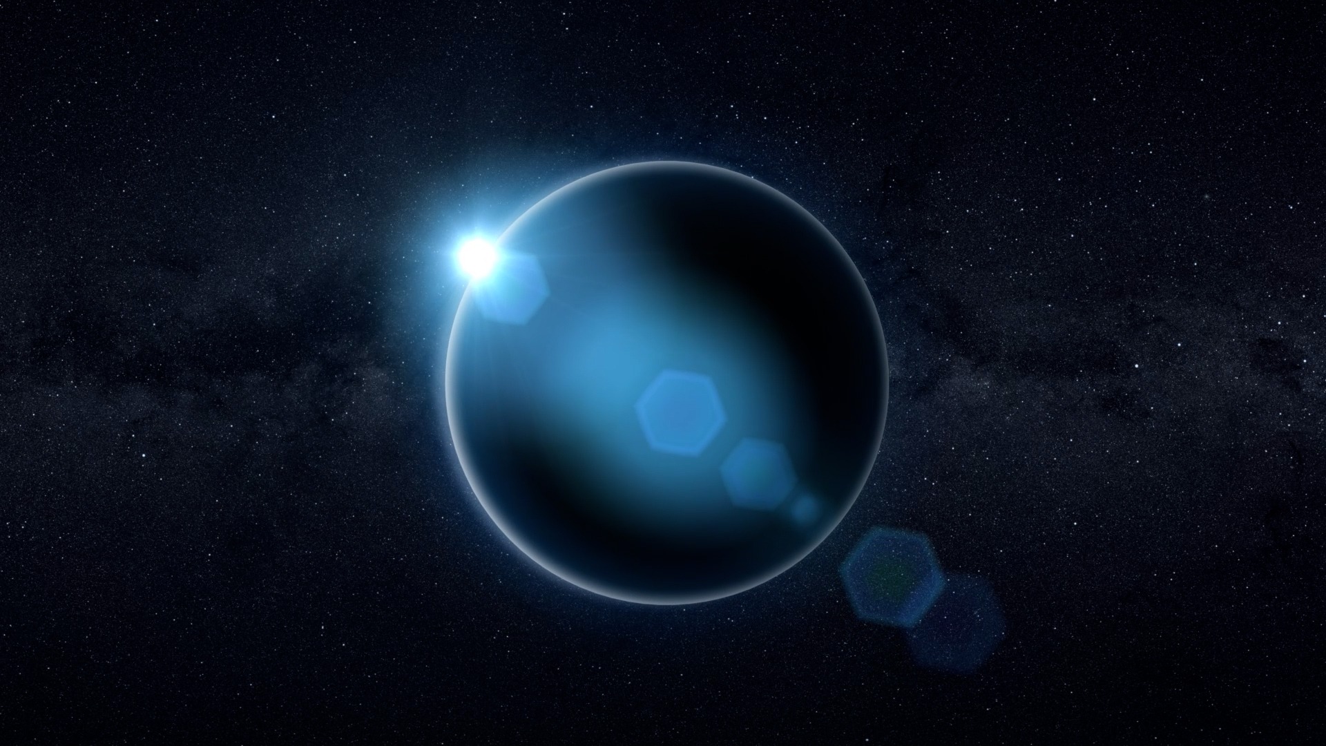 Eine blaue GraviTrax Kugel im Weltall, beleuchtet von hinten mit Lensflare