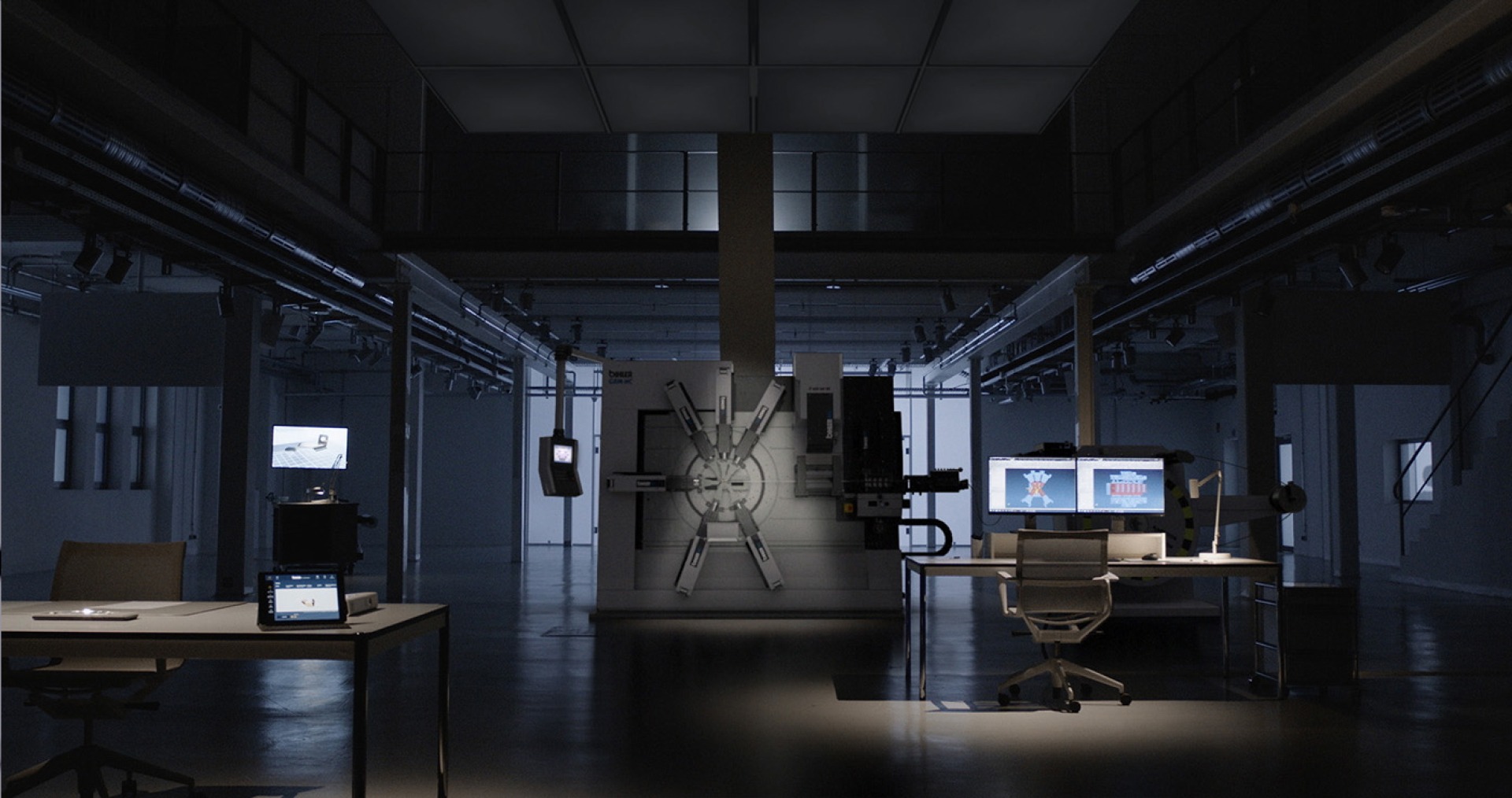 Moderner Industriebürokomplex mit dunkler Beleuchtung, Computern und technischen Geräten.