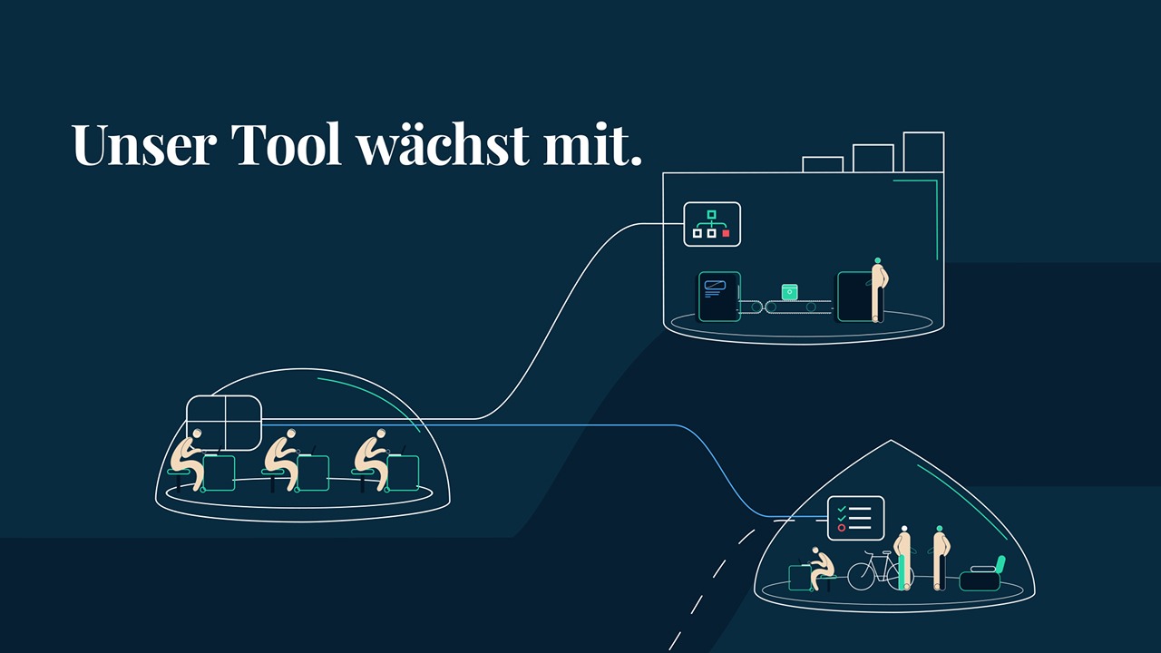 Illustration von Personen mit digitalen Tools und Text Unser Tool wächst mit auf dunklem Hintergrund.