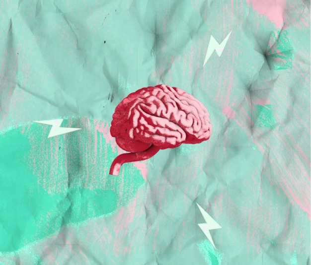 Illustration eines Gehirns auf buntem Hintergrund mit Blitzsymbolen. Kreativität und Intelligenz Konzept.