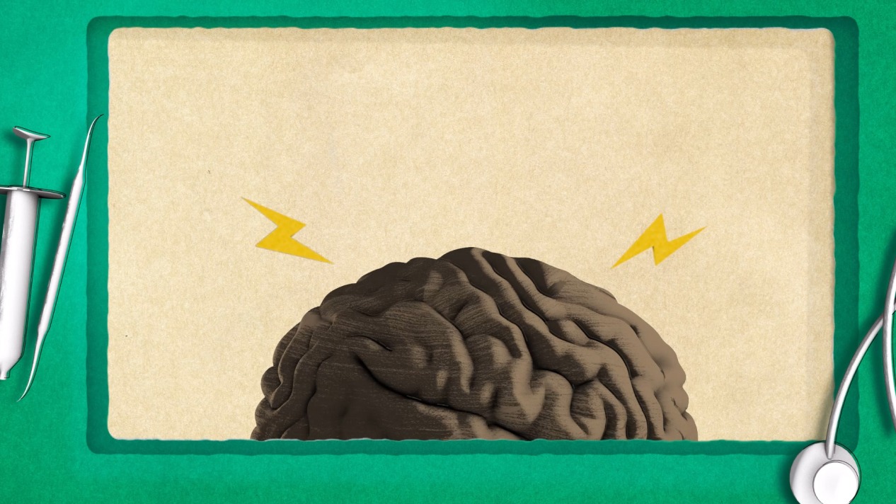 Gehirn mit gelben Blitzen, umgeben von medizinischen Werkzeugen. Fokus auf neurologische Gesundheit.