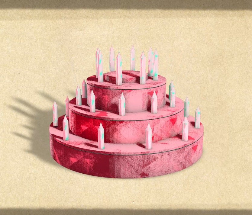 Rosa, dreistöckige Geburtstagstorte mit Kerzen auf beigem Hintergrund, 3D-grafischer Stil.
