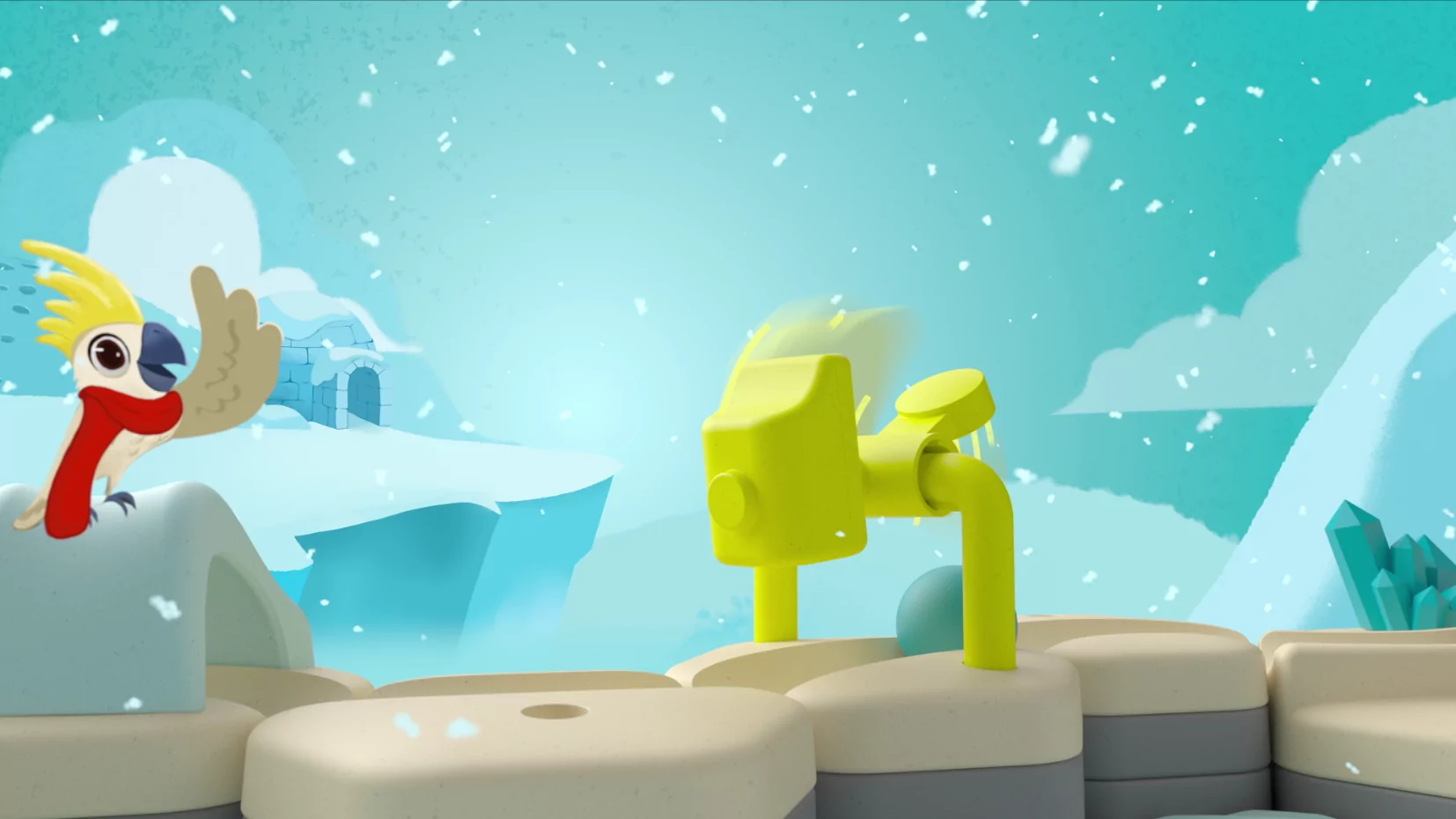 Bild aus dem GraviTrax Junior Trailer von Bürobewegt: Papagei mit Schal in Schneelandschaft, mit Actionstein Hammer, im Hintergrund ein Iglu und Eisberge.