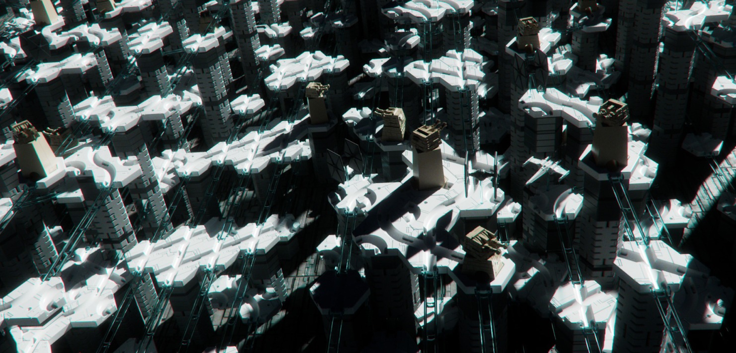 Futuristische Stadtlandschaft mit hoch aufragenden Gebäuden und komplexen Strukturen in monochromen Farbtönen.