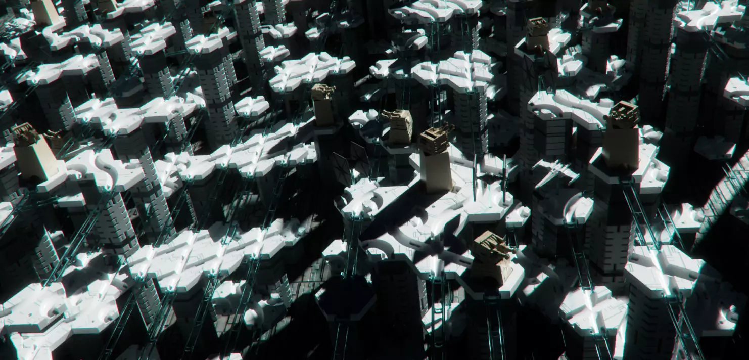 Futuristische Stadtlandschaft mit hoch aufragenden Gebäuden und komplexen Strukturen in monochromen Farbtönen.