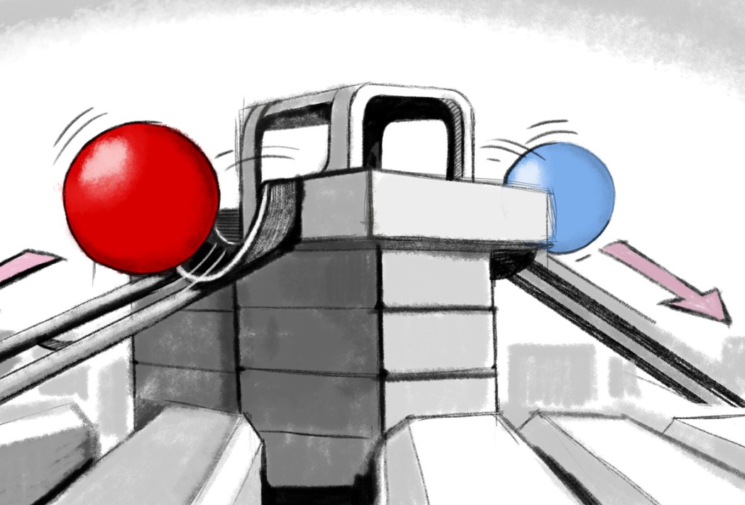 Zwei Kugeln auf einem mechanischen Konstrukt, rot und blau, bewegen sich entgegengesetzt auf Rampen.