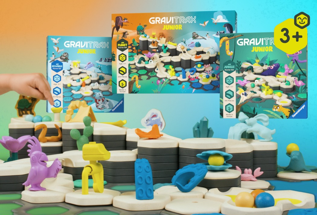 GraviTrax Junior Packshot GraviTrax Junior Spielset für Kinder ab 3 Jahren, mit bunten Tieren und Bauteilen im Dschungel- und Eiswelt-Design.