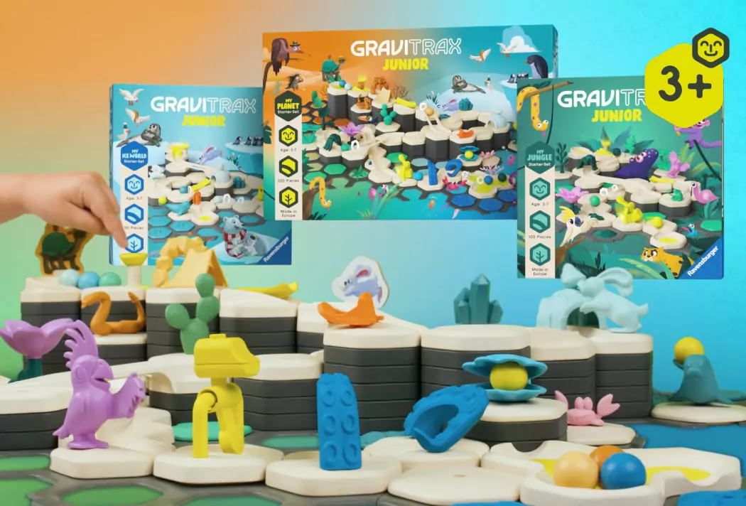 GraviTrax Junior Spielset für Kinder ab 3 Jahren, mit bunten Tieren und Bauteilen im Dschungel- und Eiswelt-Design.