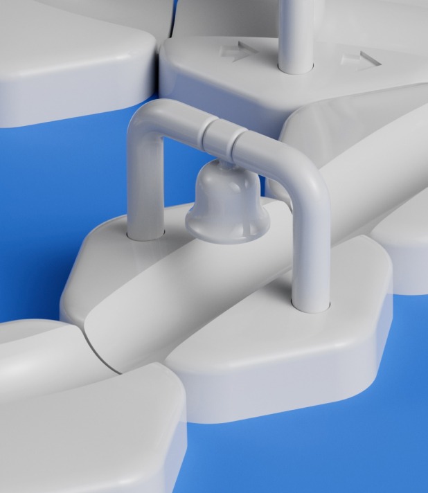 GTJ-Styleframe-A-03-h356-3col Graues, modernes Rohrsystem mit Ventil auf blauem Hintergrund, abstrakt und futuristisch gestaltet.