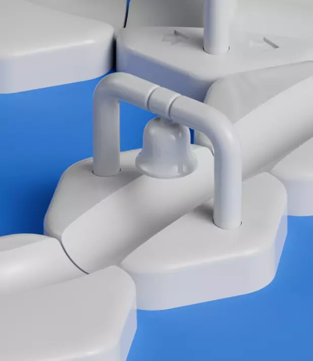 Graues, modernes Rohrsystem mit Ventil auf blauem Hintergrund, abstrakt und futuristisch gestaltet.