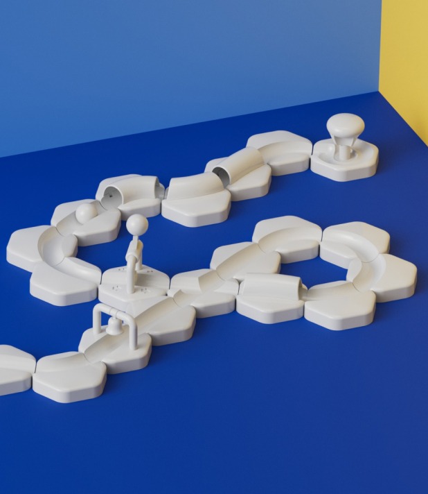 GTJ-Styleframe-A-04-h356-3col Abstrakte weiße Spielfiguren und Pfade auf blau-gelbem Hintergrund, moderne Designkonzeption.