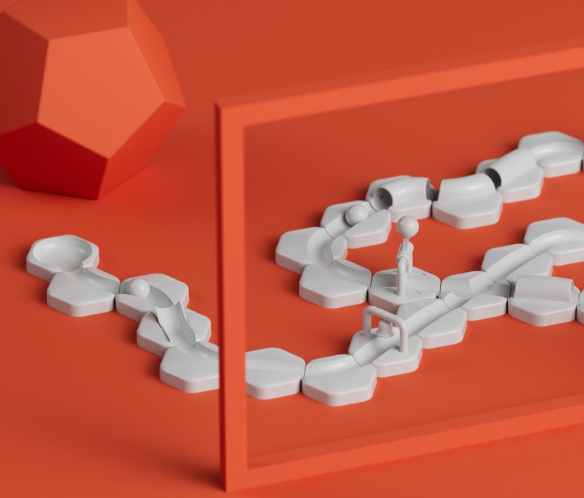 GTJ-Styleframe-A-05-h356-4col Abstrakte Komposition mit weißen 3D-Formen auf rotem Hintergrund, geometrische Muster und Figuren in Bewegung.