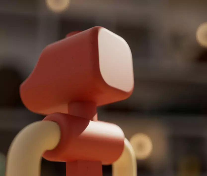 Rote, abstrakte 3D-Figur mit glatter Oberfläche und Hintergrund verschwommen.