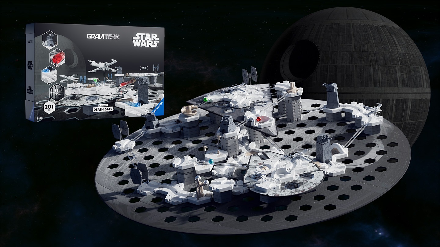 Die GraviTrax Star Wars Packung, mit der aufgebauten Kugelbahn auf einer runden Bodenplatte.