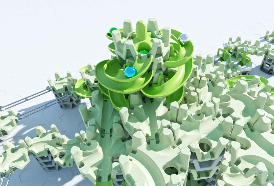 Abstrakte, futuristische Struktur mit grünen und weißen Elementen und bunten Kugeln, die ein modernistisches Design zeigen.