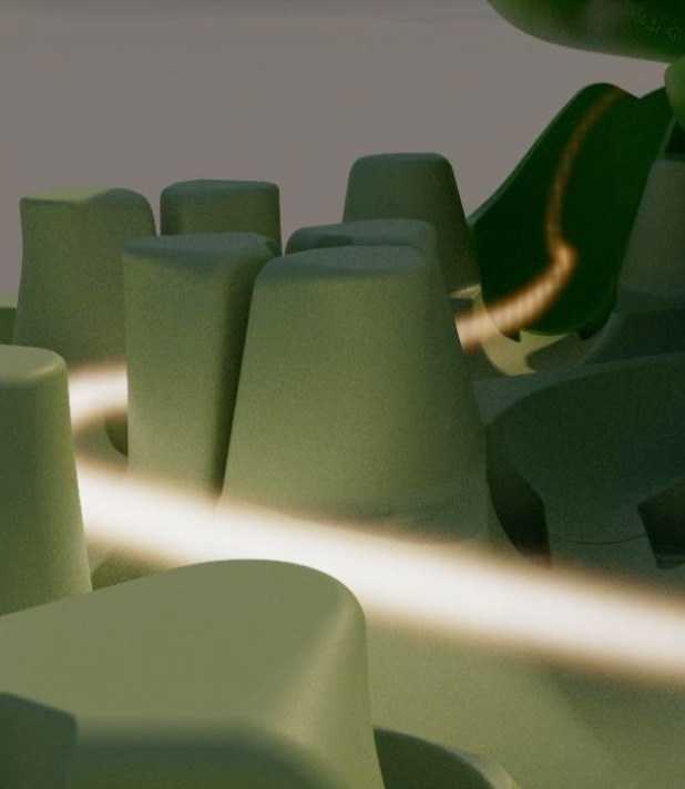 Abstrakte grüne Formen mit weißen, leuchtenden Linien in einer surrealen Landschaft.