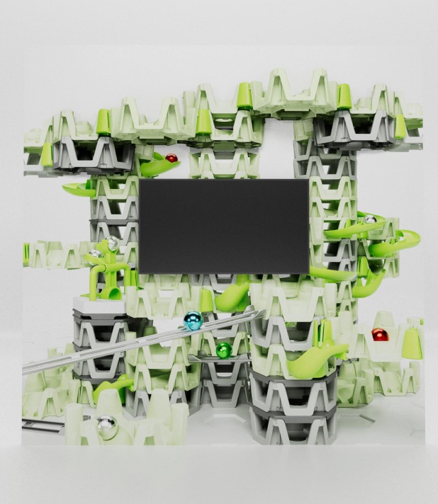 Grüne Murmelbahn mit verschlungenen Bahnen und Kugeln auf gestapelten Plattformen in geometrischem Design.