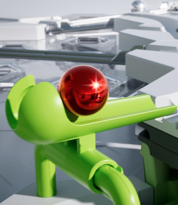 Grüne Murmelbahn mit roter Kugel in Nahaufnahme, stilvolle und moderne Spiellandschaft.